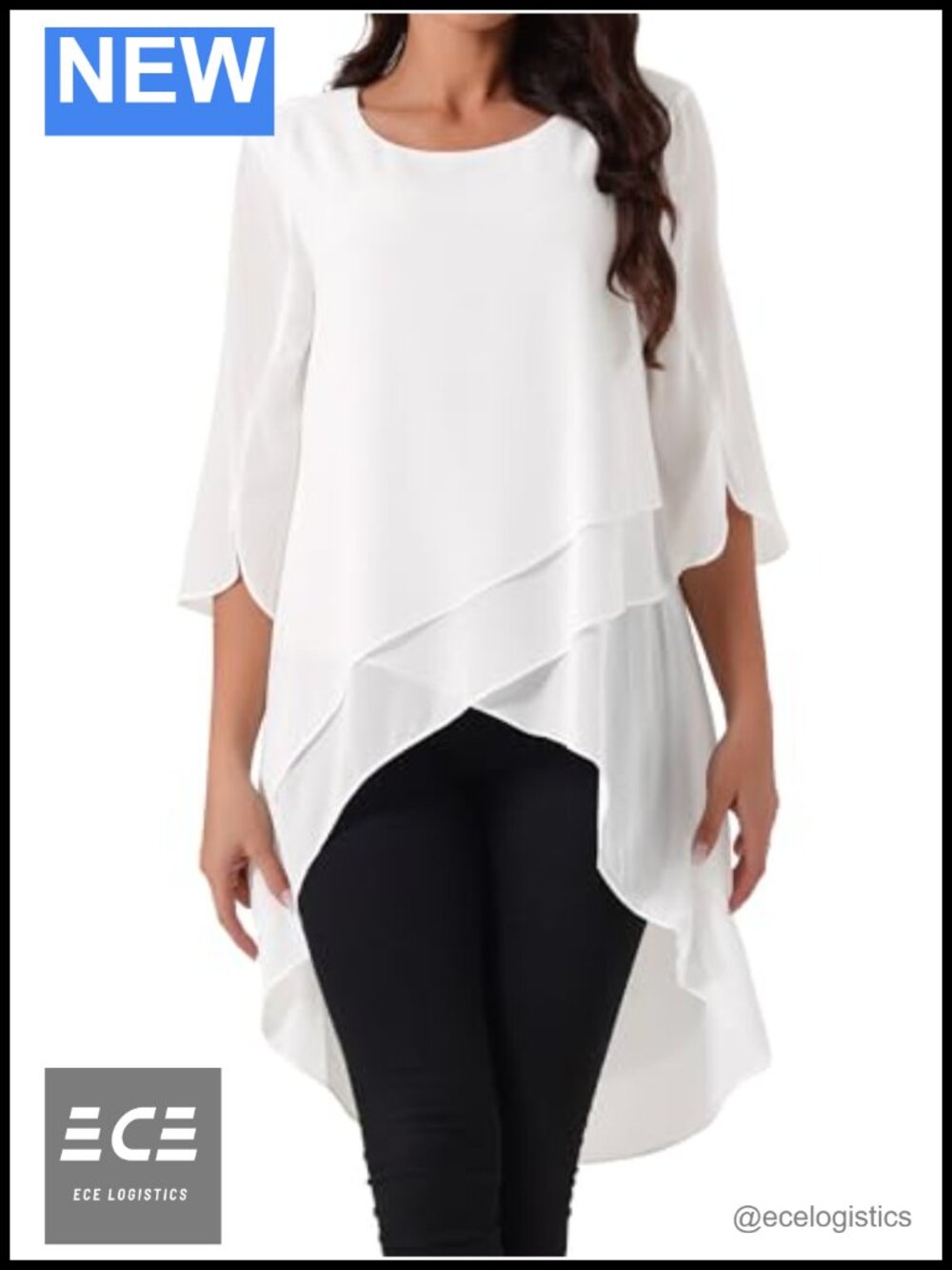 Women's High Low Chiffon Blouse 3/4 Ruffle Bell Sleeve Casual Fall Top